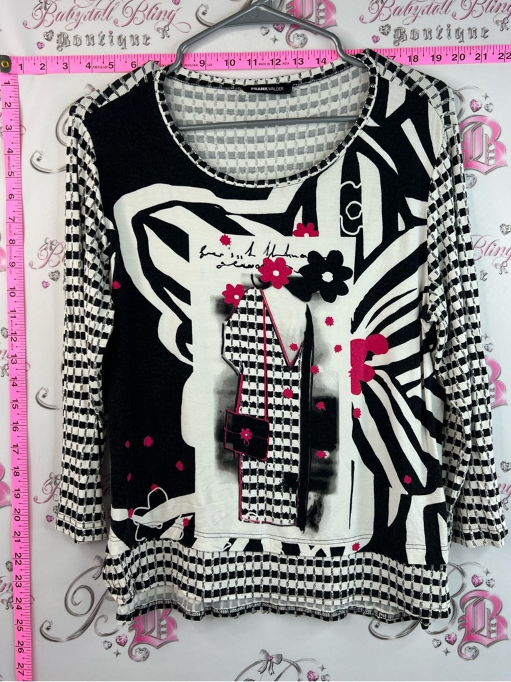 Frank Walder shirt unique Black & White Graphic Floral Top with Pink Accents